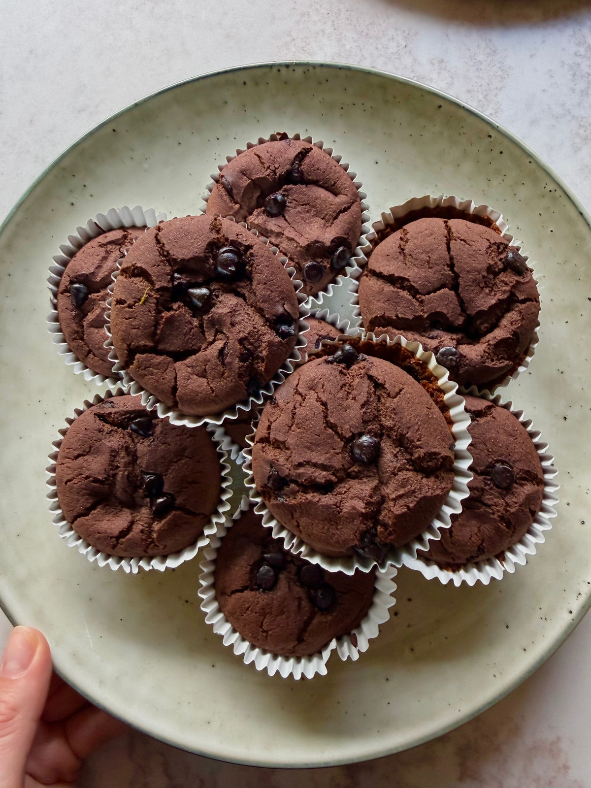 A plate of hidden veg double choc muffins in paper cases, topped with choc chips