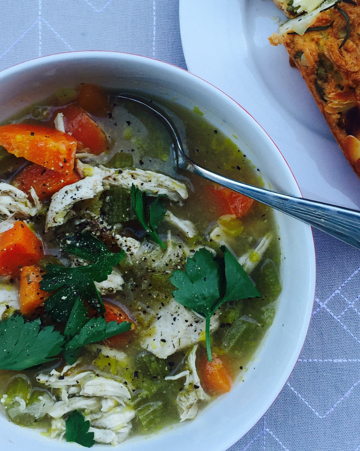 Mum Dump Chicken Noodle Soup slow-cooked in one pot with shredded chicken, carrot, celery, pumpkin and egg noodles