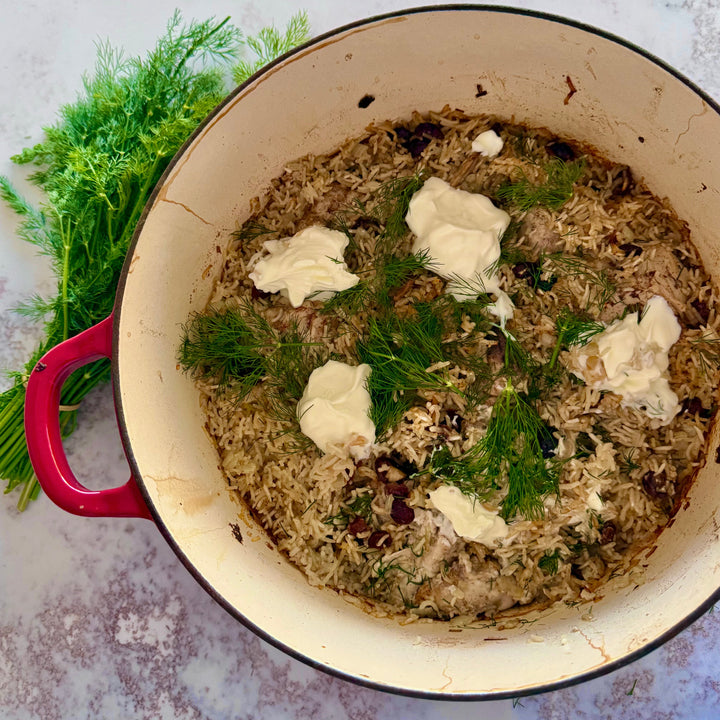 Mum Dump Cardamom Chicken baked in one dish with rice, cranberries, dill and yoghurt
